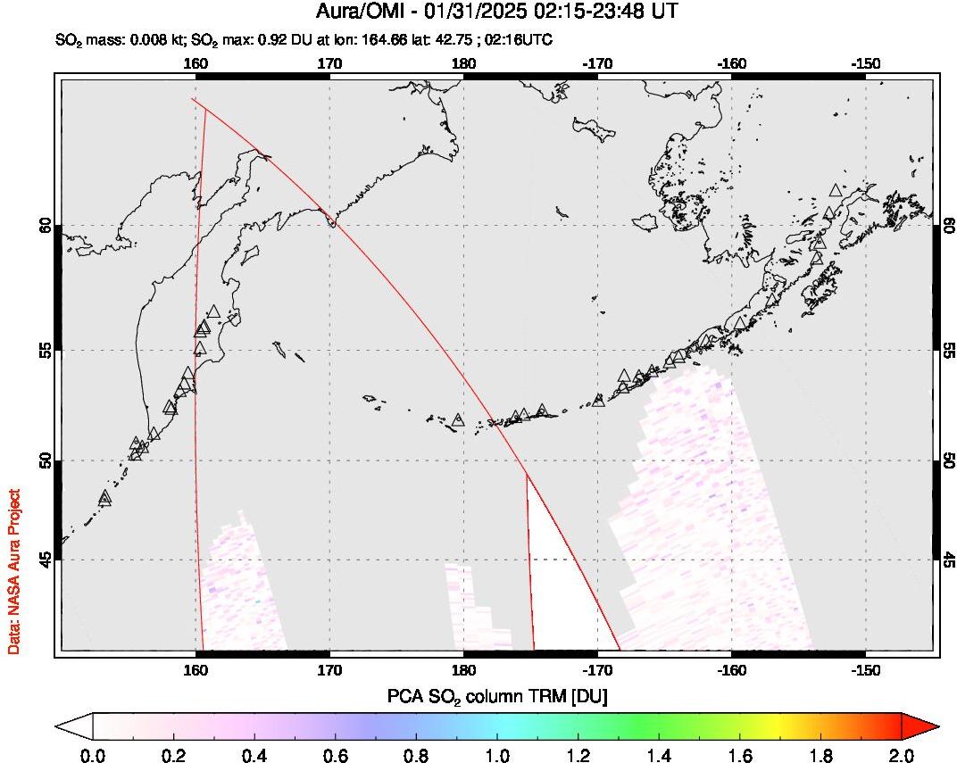 A sulfur dioxide image over North Pacific on Jan 31, 2025.