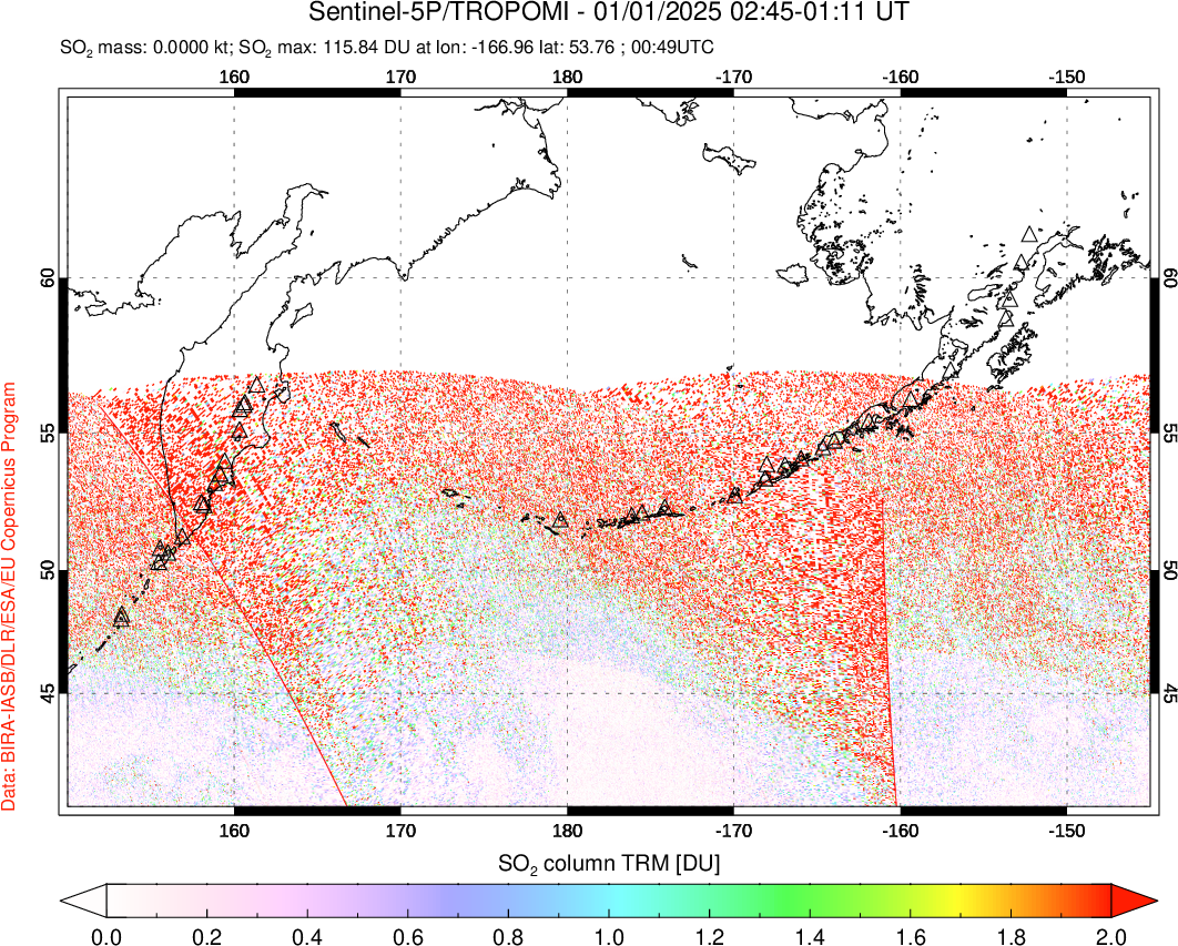 A sulfur dioxide image over North Pacific on Jan 01, 2025.