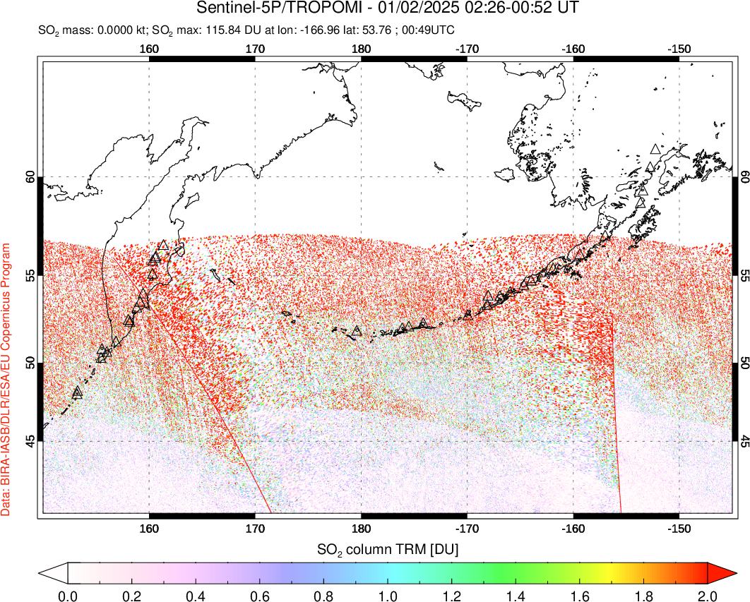 A sulfur dioxide image over North Pacific on Jan 02, 2025.