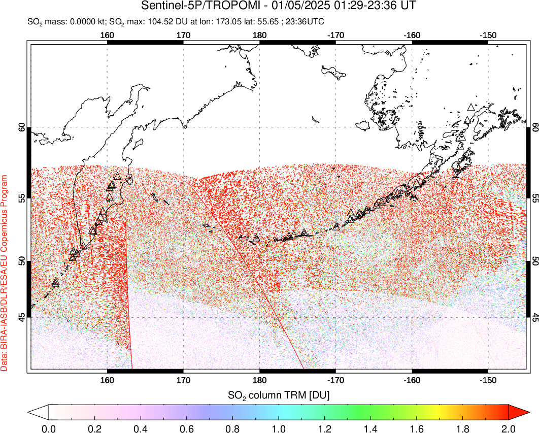 A sulfur dioxide image over North Pacific on Jan 05, 2025.