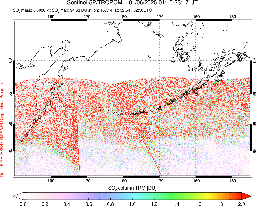 A sulfur dioxide image over North Pacific on Jan 06, 2025.