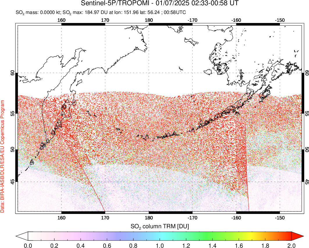 A sulfur dioxide image over North Pacific on Jan 07, 2025.