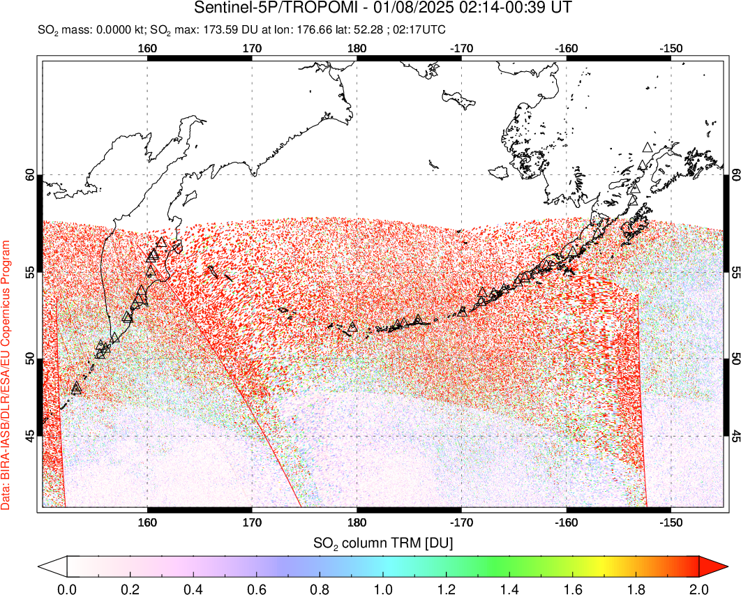 A sulfur dioxide image over North Pacific on Jan 08, 2025.