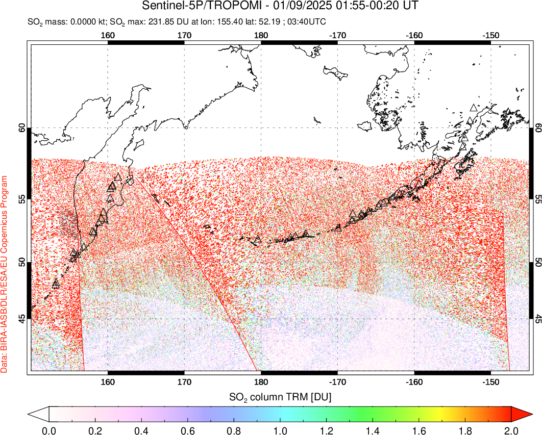 A sulfur dioxide image over North Pacific on Jan 09, 2025.