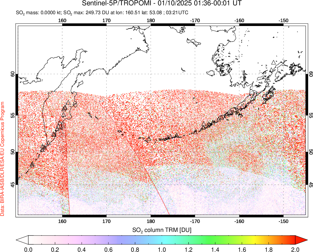 A sulfur dioxide image over North Pacific on Jan 10, 2025.