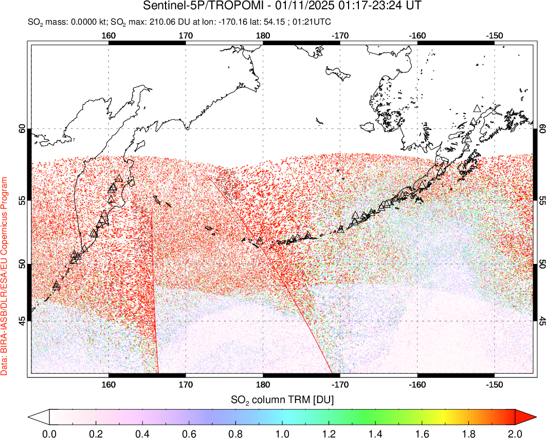 A sulfur dioxide image over North Pacific on Jan 11, 2025.