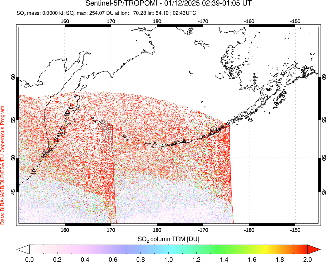 A sulfur dioxide image over North Pacific on Jan 12, 2025.