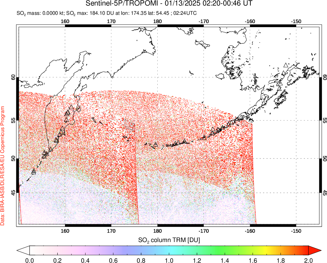 A sulfur dioxide image over North Pacific on Jan 13, 2025.