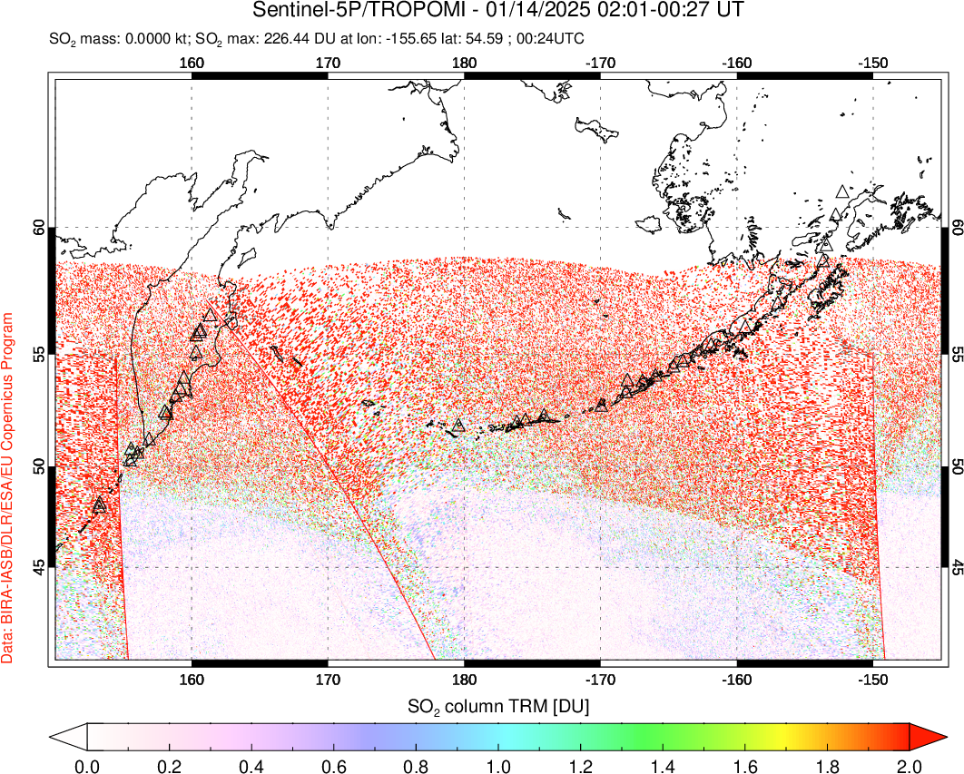 A sulfur dioxide image over North Pacific on Jan 14, 2025.