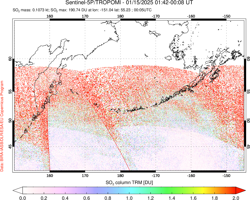 A sulfur dioxide image over North Pacific on Jan 15, 2025.