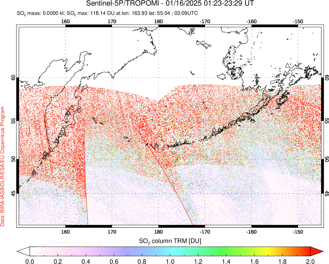 A sulfur dioxide image over North Pacific on Jan 16, 2025.