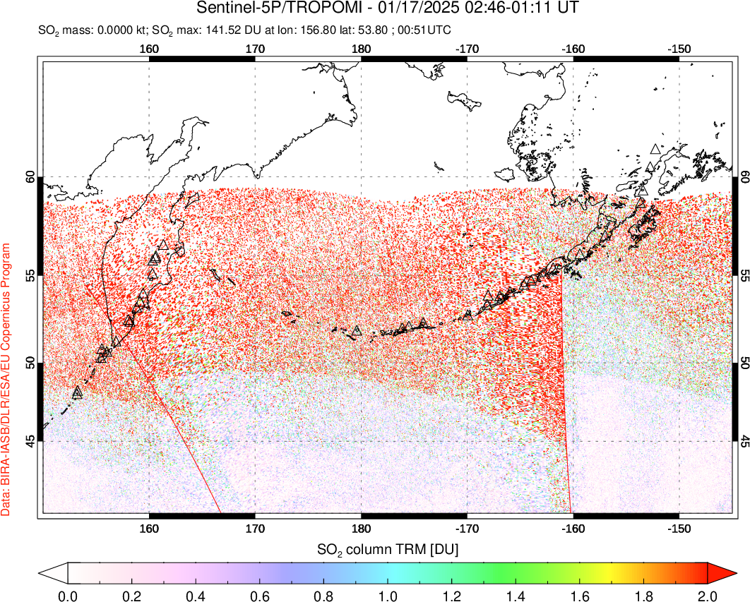 A sulfur dioxide image over North Pacific on Jan 17, 2025.