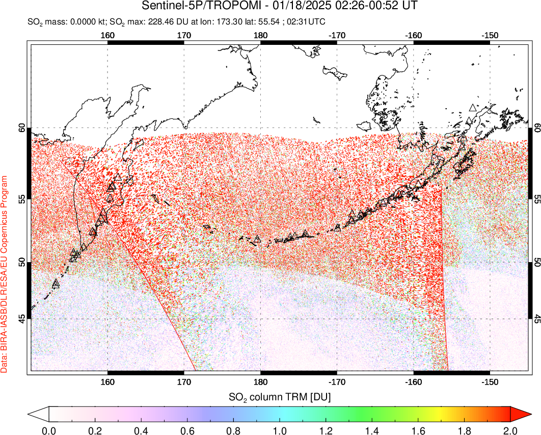 A sulfur dioxide image over North Pacific on Jan 18, 2025.