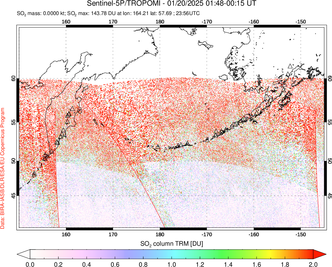 A sulfur dioxide image over North Pacific on Jan 20, 2025.