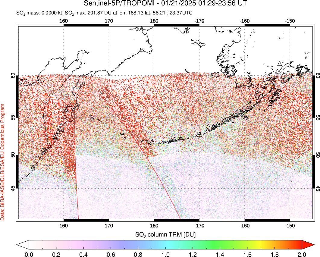 A sulfur dioxide image over North Pacific on Jan 21, 2025.