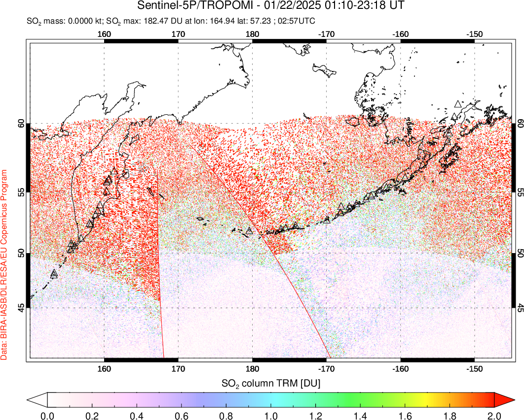 A sulfur dioxide image over North Pacific on Jan 22, 2025.