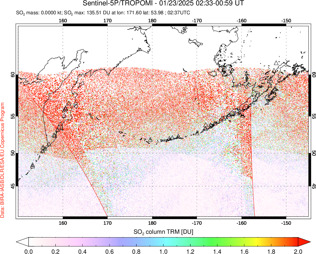 A sulfur dioxide image over North Pacific on Jan 23, 2025.