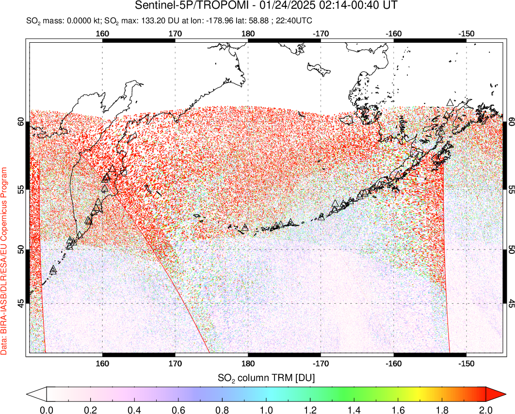 A sulfur dioxide image over North Pacific on Jan 24, 2025.