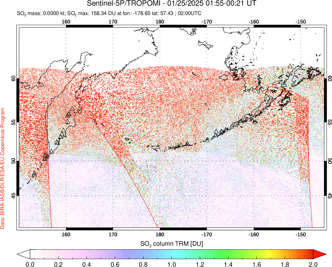 A sulfur dioxide image over North Pacific on Jan 25, 2025.