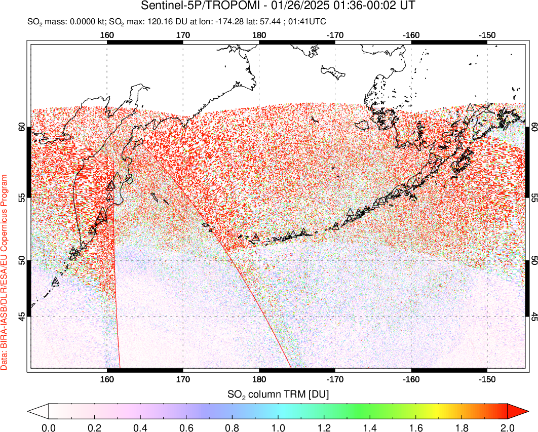 A sulfur dioxide image over North Pacific on Jan 26, 2025.