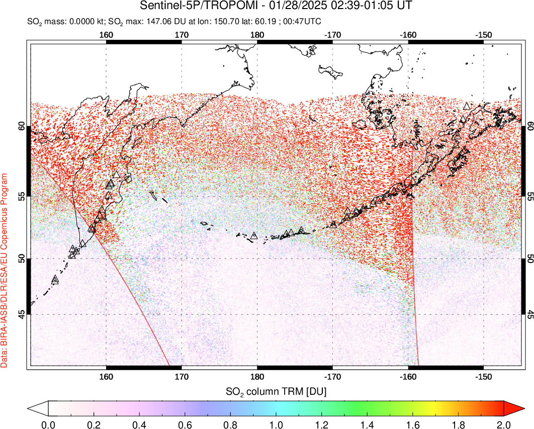 A sulfur dioxide image over North Pacific on Jan 28, 2025.