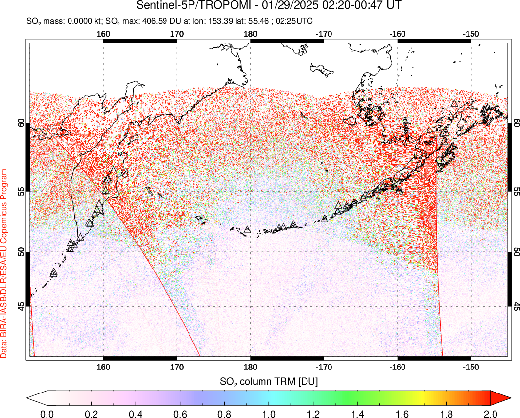 A sulfur dioxide image over North Pacific on Jan 29, 2025.