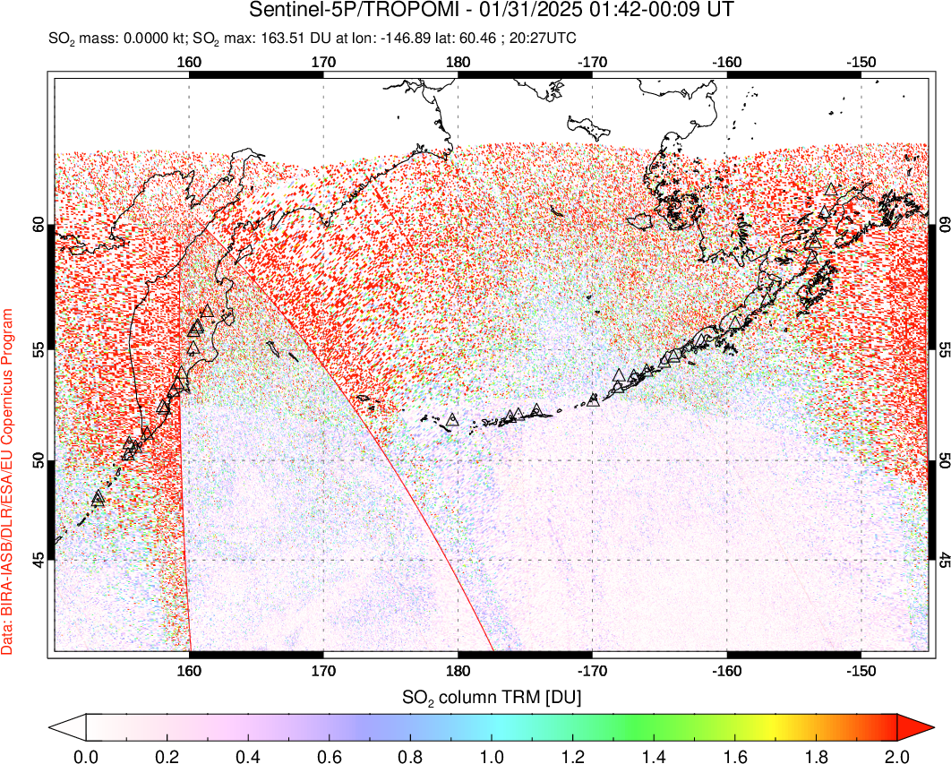 A sulfur dioxide image over North Pacific on Jan 31, 2025.