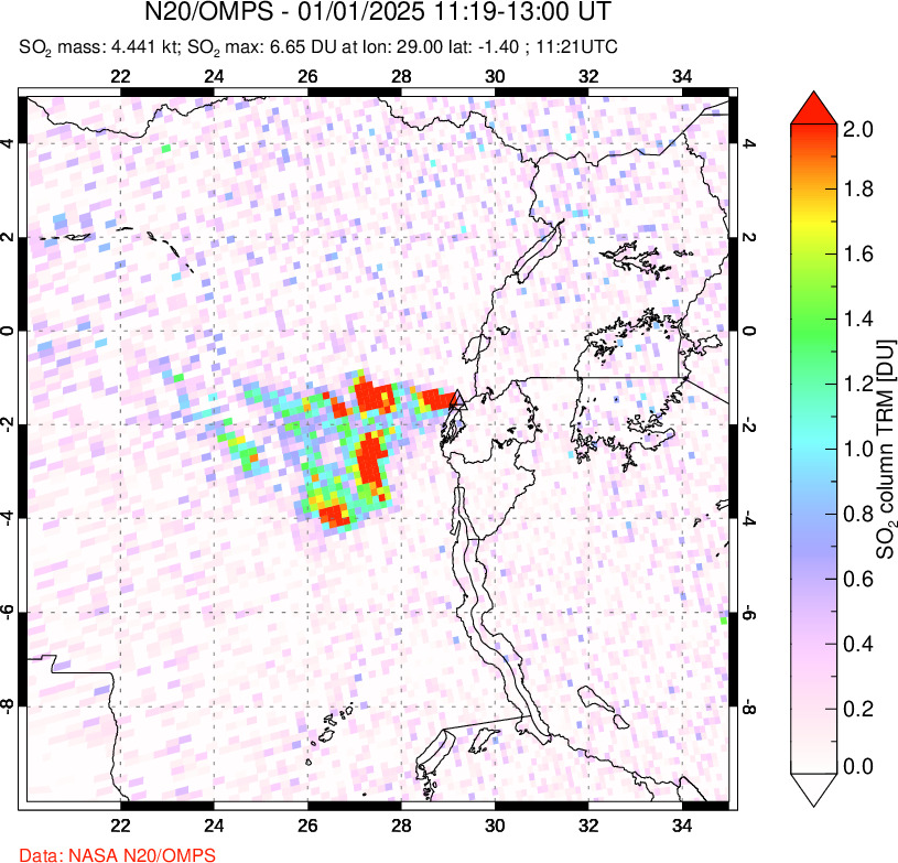 A sulfur dioxide image over Nyiragongo, DR Congo on Jan 01, 2025.