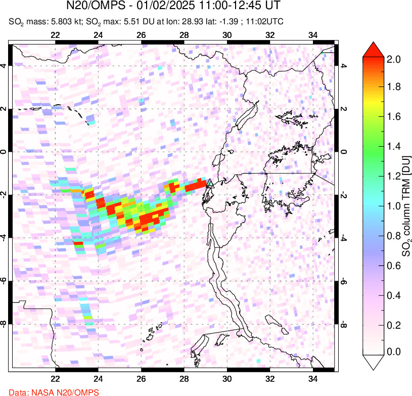 A sulfur dioxide image over Nyiragongo, DR Congo on Jan 02, 2025.