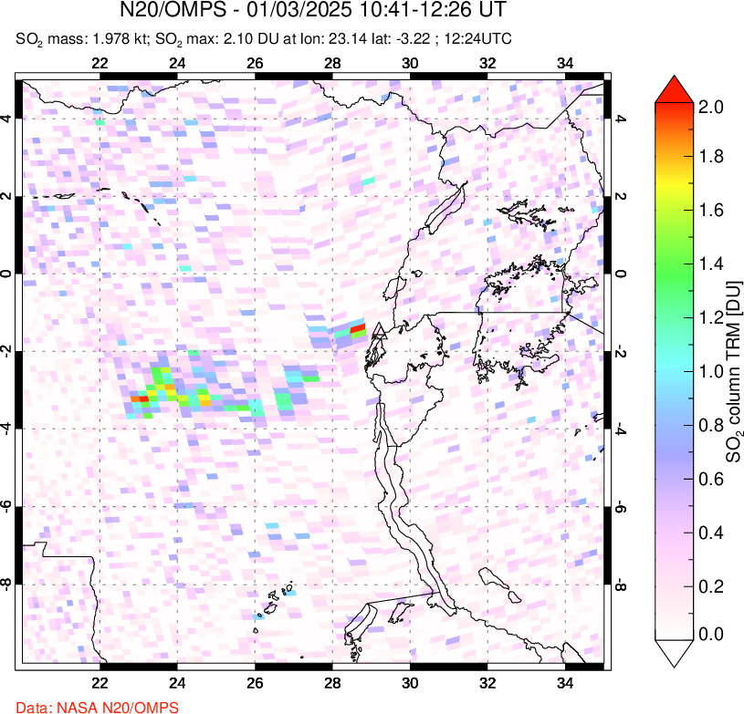 A sulfur dioxide image over Nyiragongo, DR Congo on Jan 03, 2025.