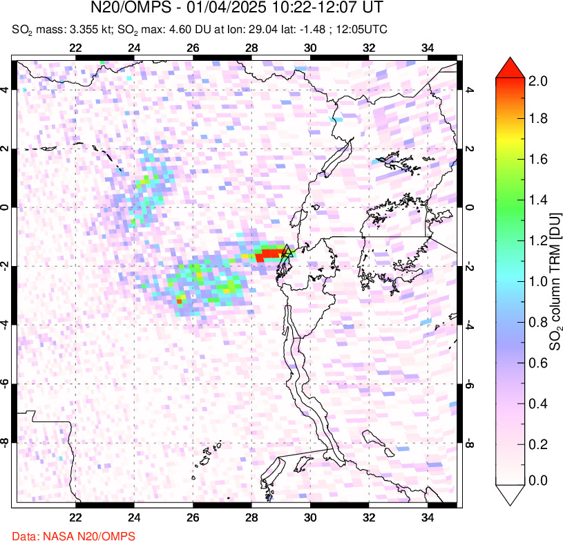 A sulfur dioxide image over Nyiragongo, DR Congo on Jan 04, 2025.