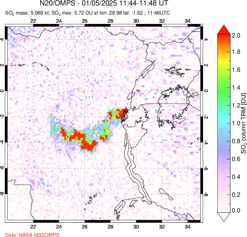 A sulfur dioxide image over Nyiragongo, DR Congo on Jan 05, 2025.