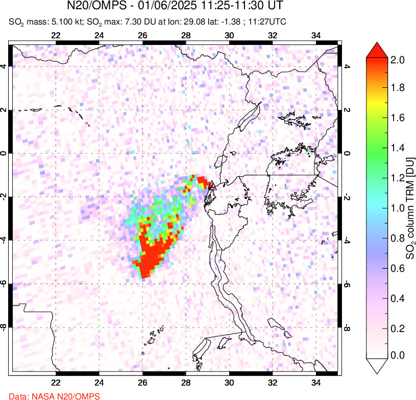 A sulfur dioxide image over Nyiragongo, DR Congo on Jan 06, 2025.