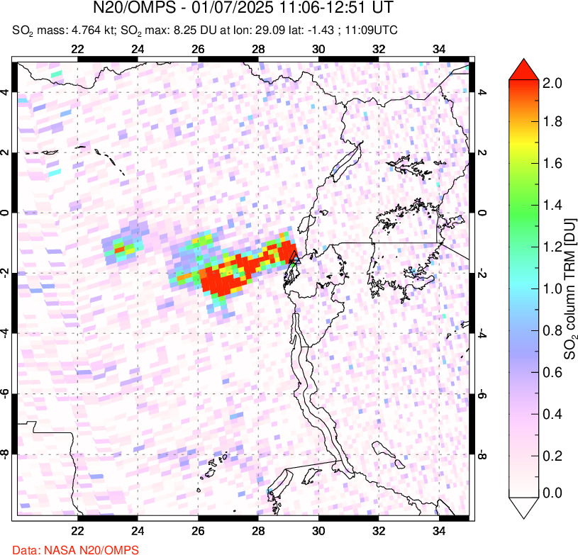 A sulfur dioxide image over Nyiragongo, DR Congo on Jan 07, 2025.