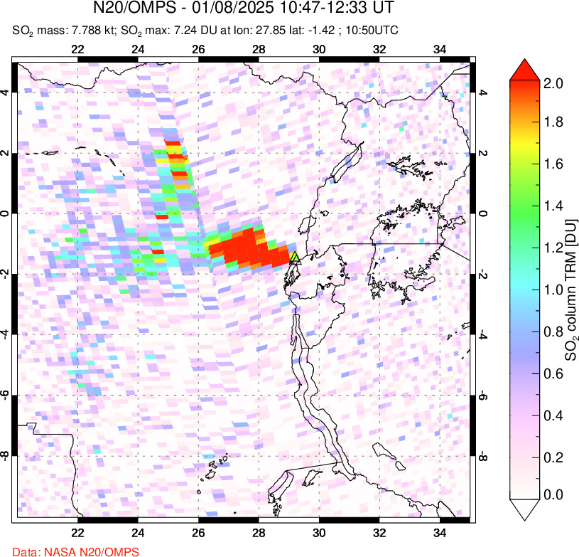 A sulfur dioxide image over Nyiragongo, DR Congo on Jan 08, 2025.