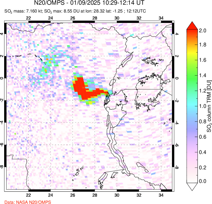 A sulfur dioxide image over Nyiragongo, DR Congo on Jan 09, 2025.