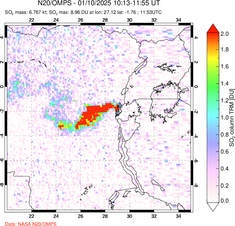 A sulfur dioxide image over Nyiragongo, DR Congo on Jan 10, 2025.