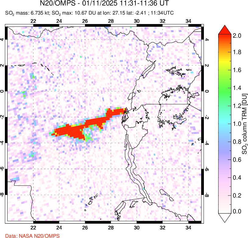 A sulfur dioxide image over Nyiragongo, DR Congo on Jan 11, 2025.