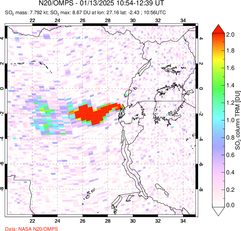 A sulfur dioxide image over Nyiragongo, DR Congo on Jan 13, 2025.