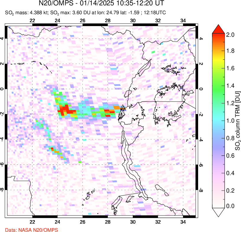 A sulfur dioxide image over Nyiragongo, DR Congo on Jan 14, 2025.