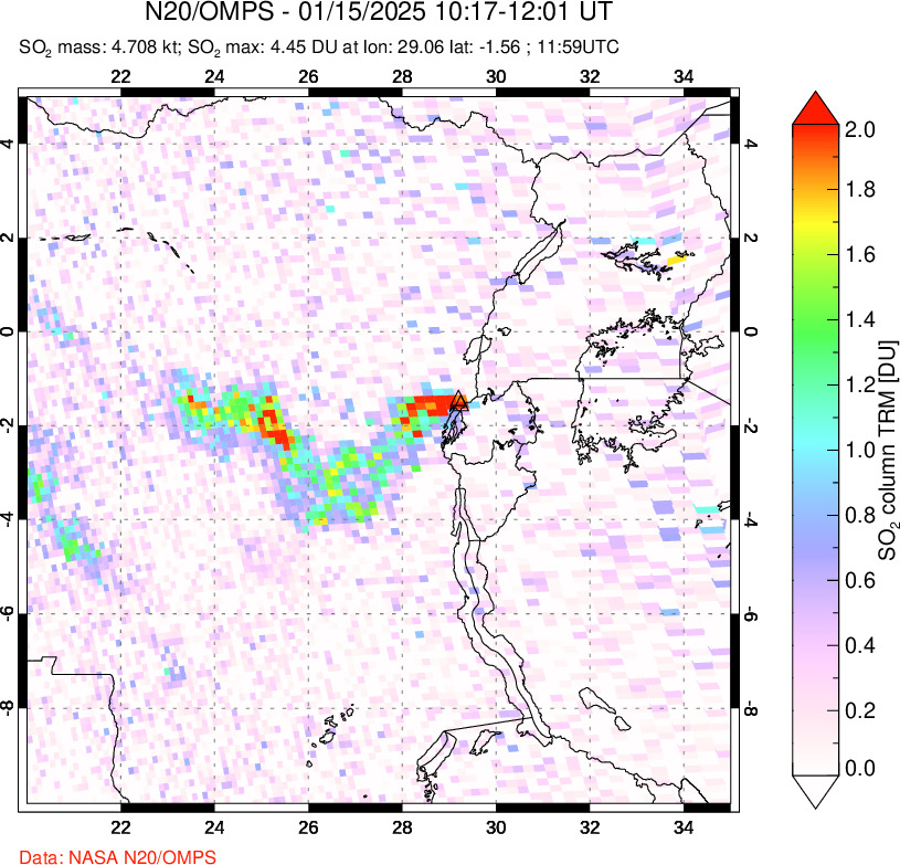 A sulfur dioxide image over Nyiragongo, DR Congo on Jan 15, 2025.