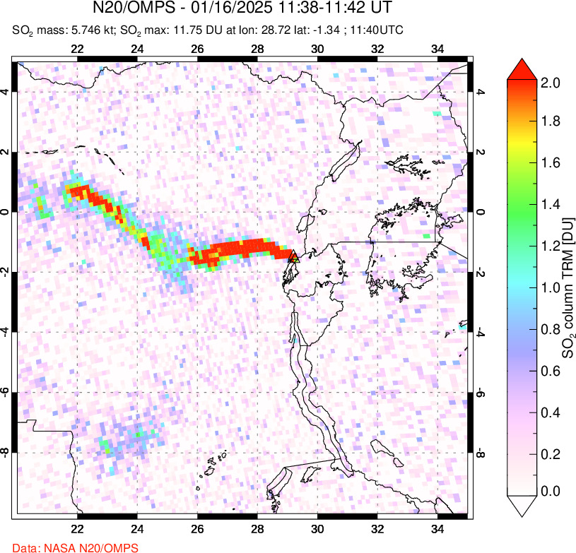 A sulfur dioxide image over Nyiragongo, DR Congo on Jan 16, 2025.