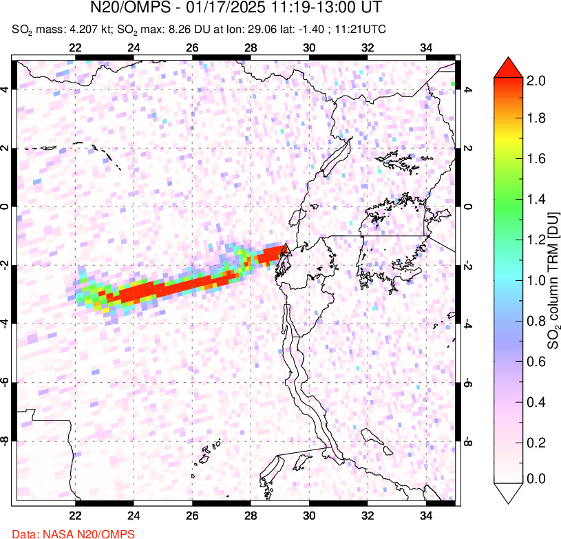 A sulfur dioxide image over Nyiragongo, DR Congo on Jan 17, 2025.