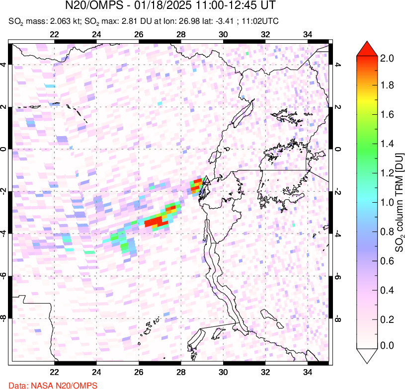 A sulfur dioxide image over Nyiragongo, DR Congo on Jan 18, 2025.