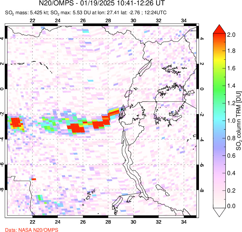 A sulfur dioxide image over Nyiragongo, DR Congo on Jan 19, 2025.