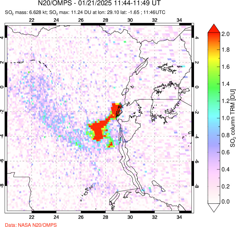 A sulfur dioxide image over Nyiragongo, DR Congo on Jan 21, 2025.