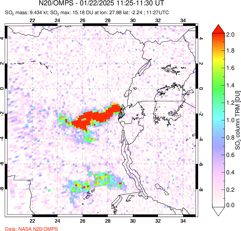 A sulfur dioxide image over Nyiragongo, DR Congo on Jan 22, 2025.