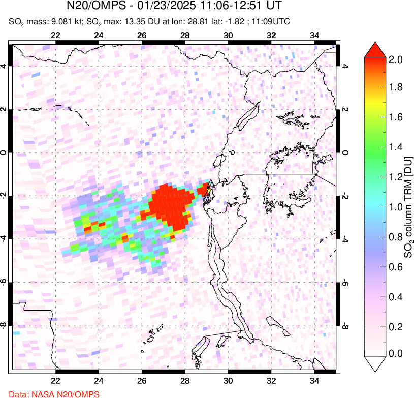 A sulfur dioxide image over Nyiragongo, DR Congo on Jan 23, 2025.