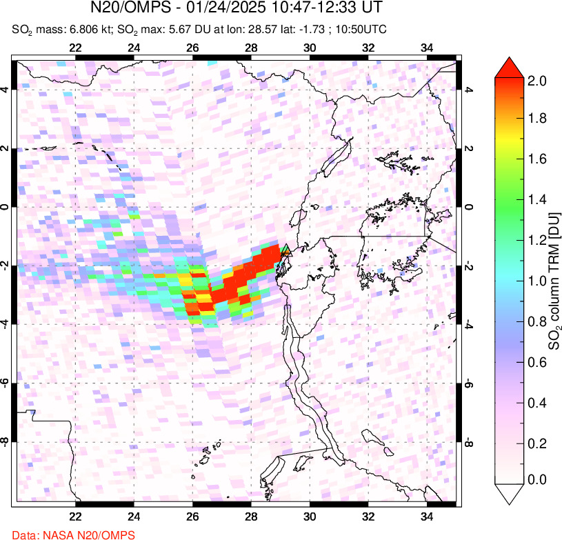 A sulfur dioxide image over Nyiragongo, DR Congo on Jan 24, 2025.