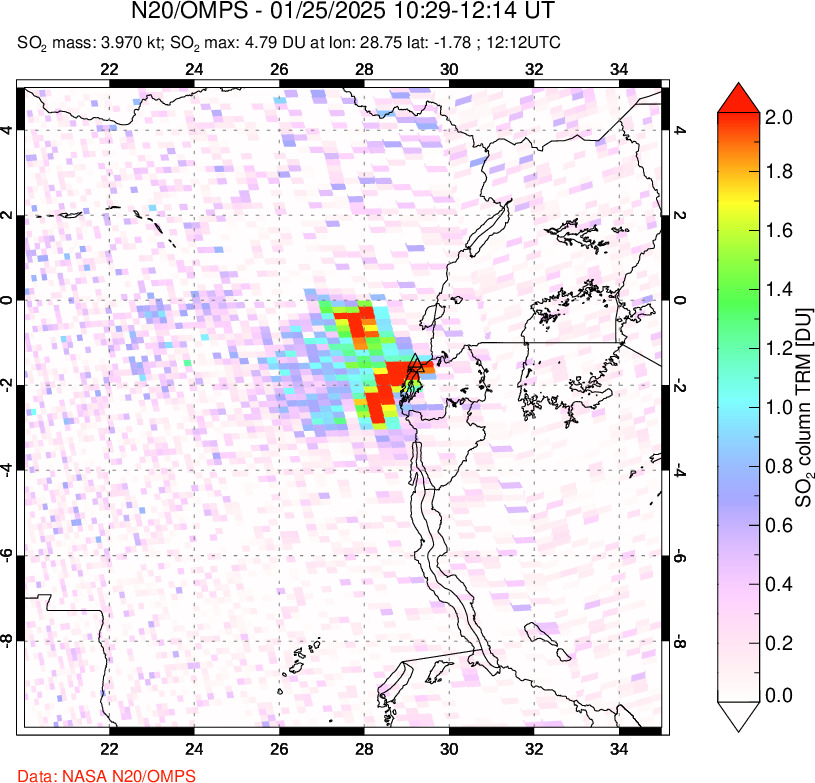 A sulfur dioxide image over Nyiragongo, DR Congo on Jan 25, 2025.